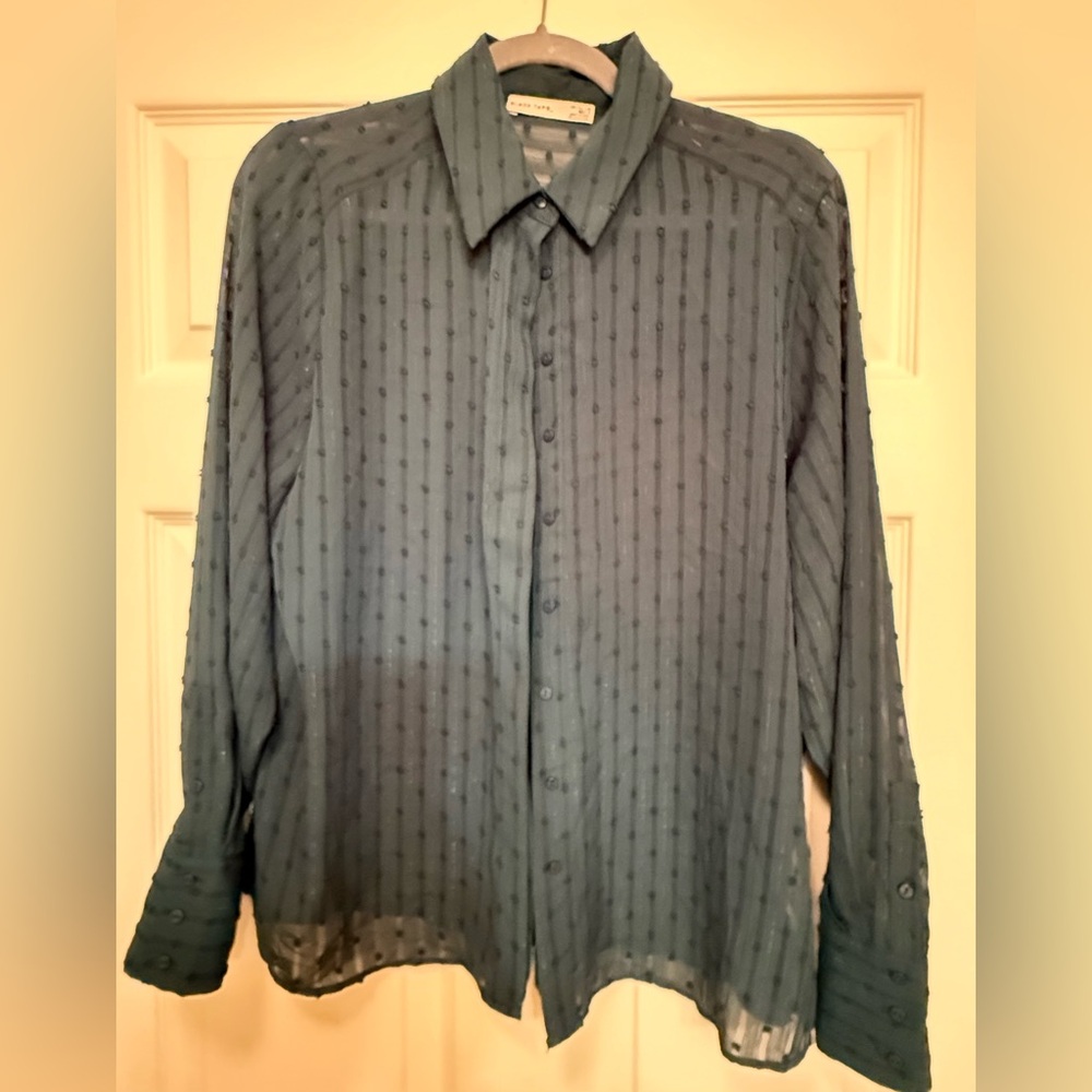 Black Tape_ Sheer Dotted Blouse in Teal Green